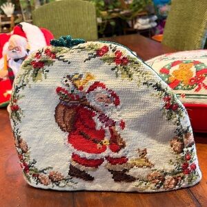 Vintage rare needlepoint tea cozy teapot holder Santa hat too rare holiday